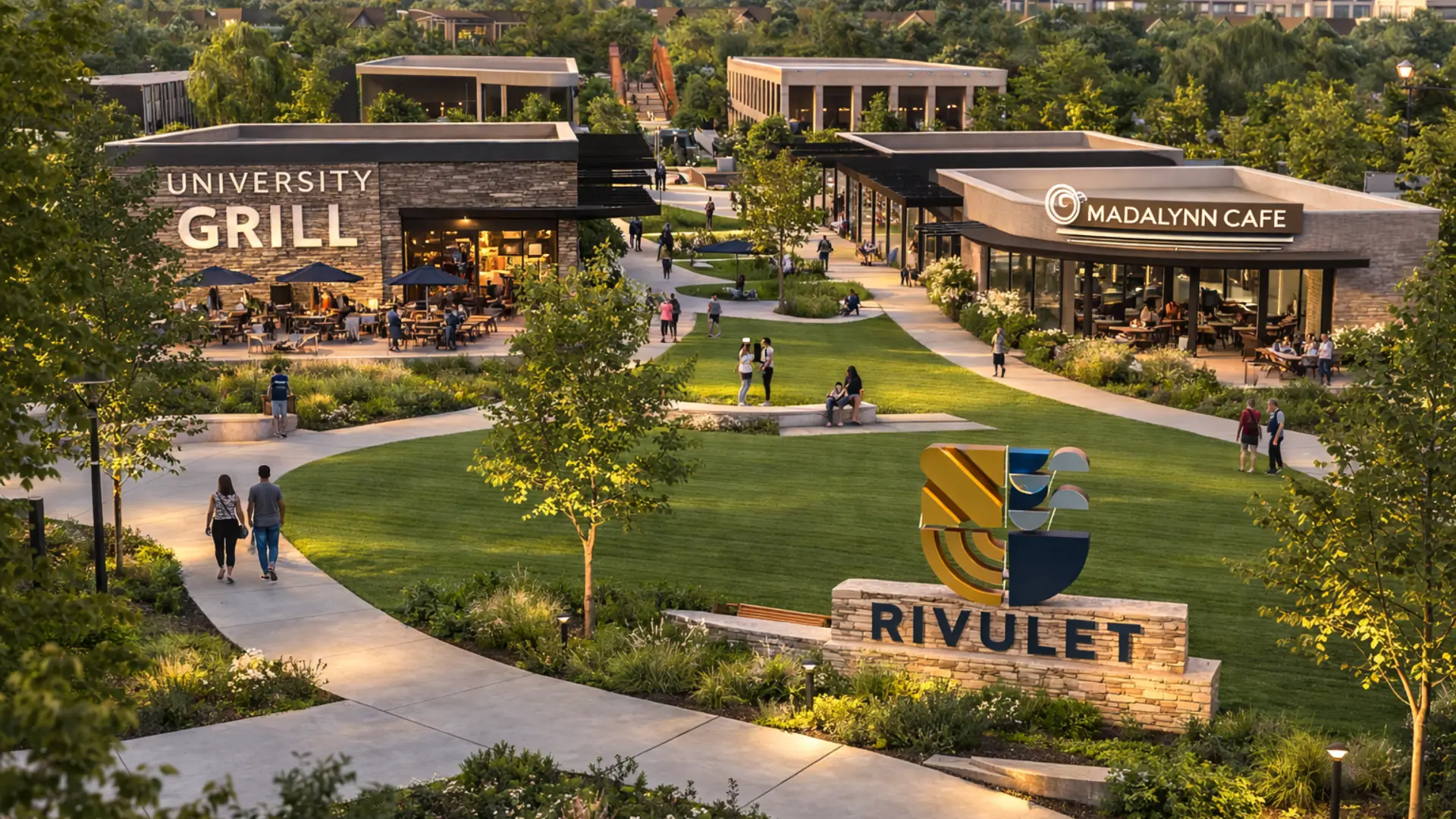 Rivulet monument sign beside shops and a green lawn in Oak Cliff